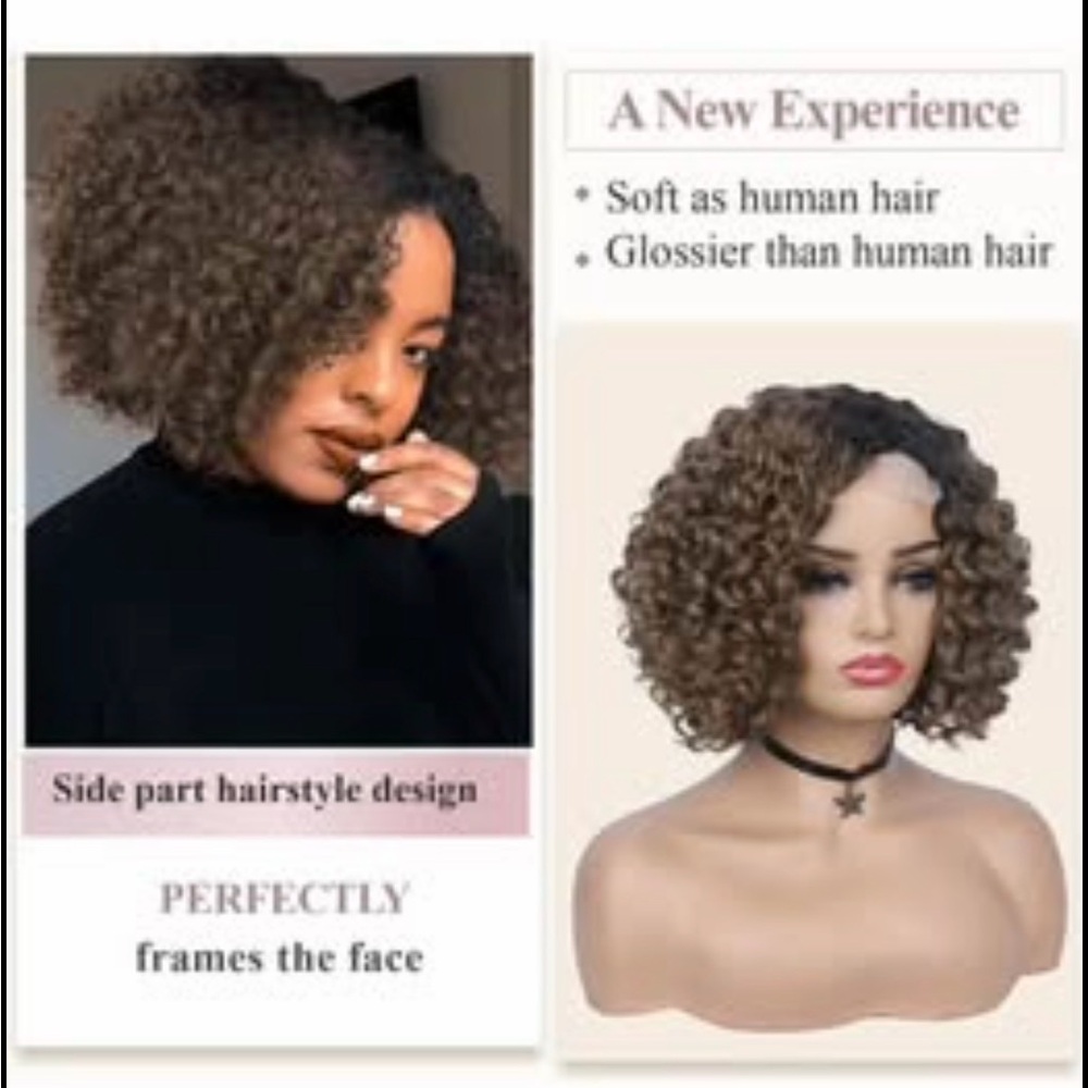 Quantum Black Women👩🏽Side Part Kinky Curly Bob Synthetic Ombre Blonde 12”Wig - Picture 9 of 9